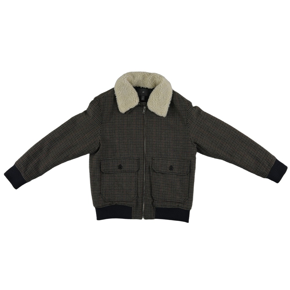 H&M Sherpa Bomber Jacket Men's Size Large Brown Houndstooth Wool Blend Coat Y2K